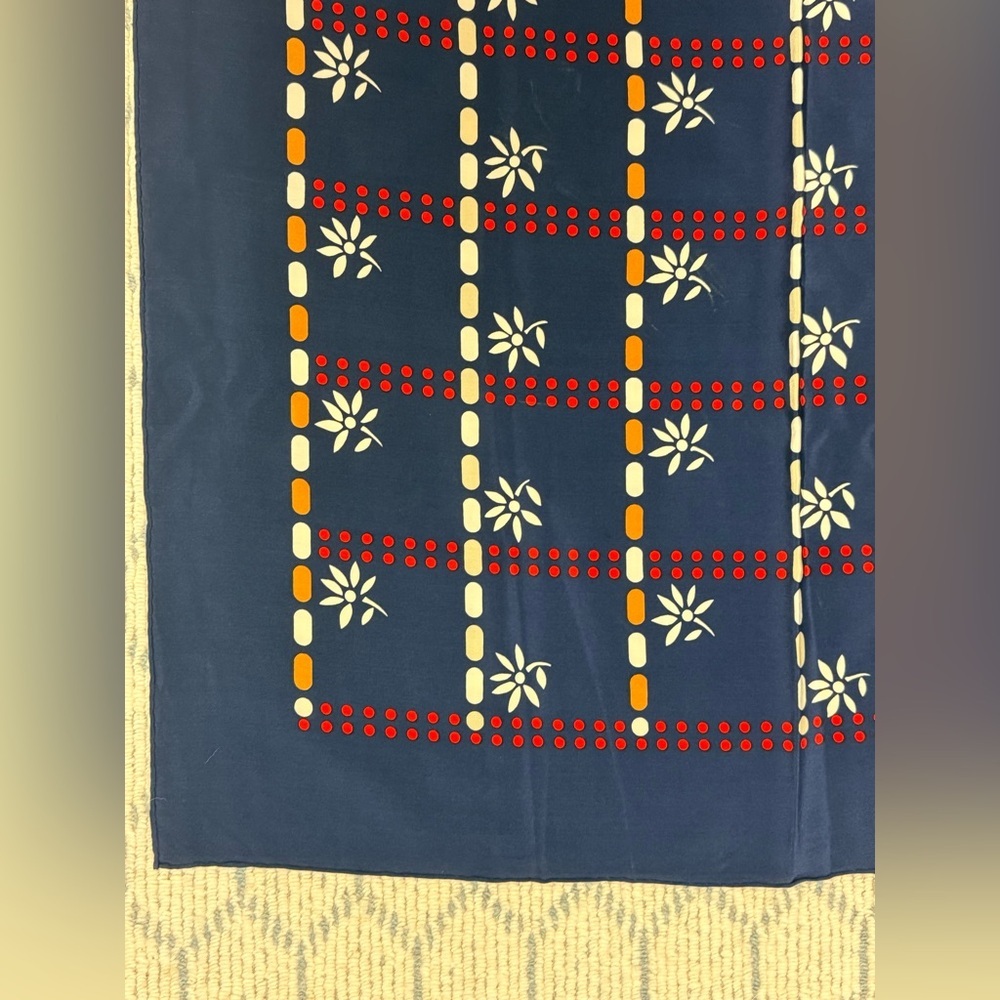 CHRISTIAN DIOR Vintage Y2K 70’s 100% Silk Navy/Multicolor Geometric Floral Scarf - Picture 6 of 11